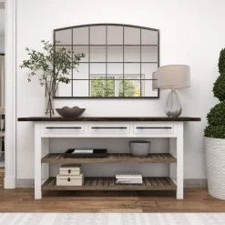 71 in. White Rectangle Wood Kitchen Island Style 3 Drawers and 2 Shelves Console Table with Extra Long Dark Brown Top by Litton Lane -Outlet Litton Lane Store black brown white litton lane console tables 46020 1f 1000