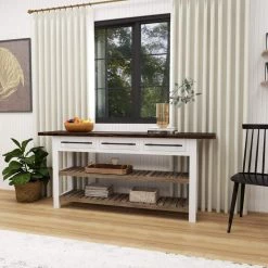 71 in. White Rectangle Wood Kitchen Island Style 3 Drawers and 2 Shelves Console Table with Extra Long Dark Brown Top by Litton Lane -Outlet Litton Lane Store black brown white litton lane console tables 46020 4f 1000