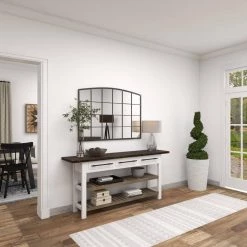 71 in. White Rectangle Wood Kitchen Island Style 3 Drawers and 2 Shelves Console Table with Extra Long Dark Brown Top by Litton Lane -Outlet Litton Lane Store black brown white litton lane console tables 46020 d4 1000