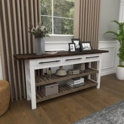 71 in. White Rectangle Wood Kitchen Island Style 3 Drawers and 2 Shelves Console Table with Extra Long Dark Brown Top by Litton Lane -Outlet Litton Lane Store black brown white litton lane console tables 46020 fa 1000