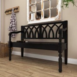 Black Farmhouse Bench 37 in. x 48 in. x 18 in. by Litton Lane -Outlet Litton Lane Store black litton lane dining benches 60133 1f 1000