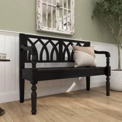 Black Farmhouse Bench 37 in. x 48 in. x 18 in. by Litton Lane -Outlet Litton Lane Store black litton lane dining benches 60133 44 1000