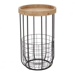 16 in. Black Round Wood End Table with Brown Top and Wire Basket Storage by Litton Lane