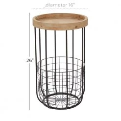 16 in. Black Round Wood End Table with Brown Top and Wire Basket Storage by Litton Lane -Outlet Litton Lane Store black litton lane end side tables 37872 76 1000