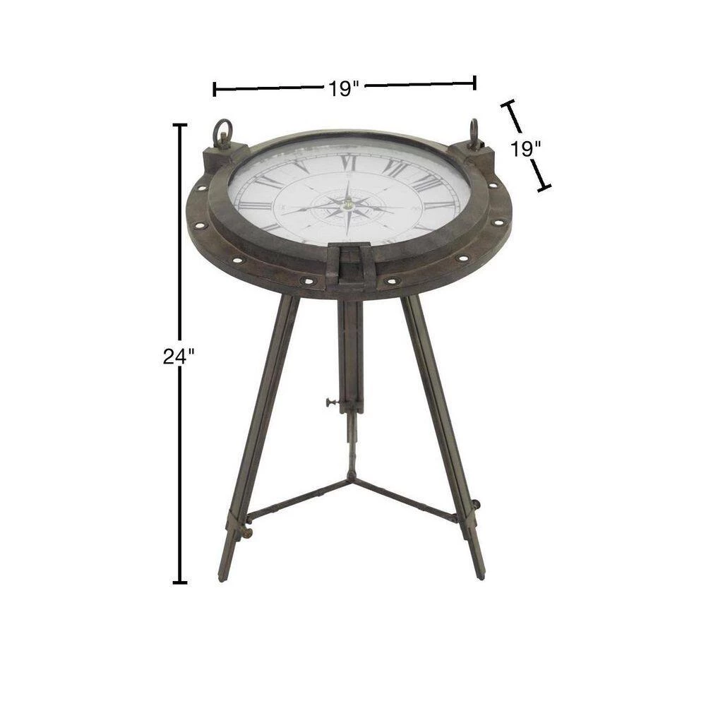 19 in. Black Compass Large Round Glass End Accent Table with Clock and Clear Glass Top by Litton Lane 5 19 in. Black Compass Large Round Glass End Accent Table with Clock and Clear Glass Top by Litton Lane - Image 3