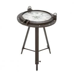 19 in. Black Compass Large Round Glass End Accent Table with Clock and Clear Glass Top by Litton Lane