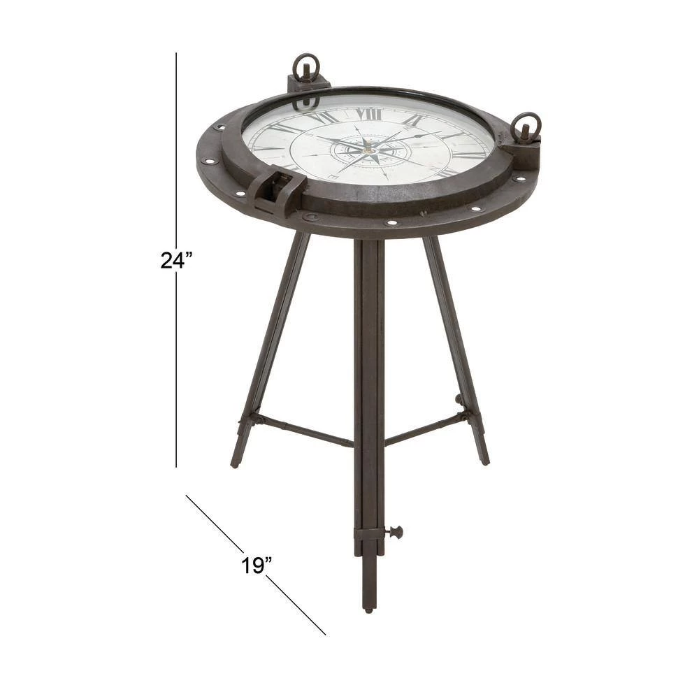 19 in. Black Compass Large Round Glass End Accent Table with Clock and Clear Glass Top by Litton Lane 8 19 in. Black Compass Large Round Glass End Accent Table with Clock and Clear Glass Top by Litton Lane - Image 6