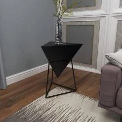 17 in. Black Pyramid Wood Inverted Geometric End Table with Black Metal Stand by Litton Lane -Outlet Litton Lane Store black litton lane end side tables 85238 4f 1000