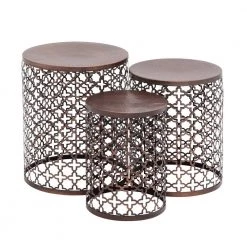 16 in. Bronze Cylinder Metal Handmade End Table with Laser Cut Design 3-Pieces by Litton Lane