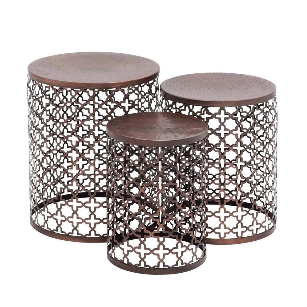 16 in. Bronze Cylinder Metal Handmade End Table with Laser Cut Design 3-Pieces by Litton Lane 3 16 in. Bronze Cylinder Metal Handmade End Table with Laser Cut Design 3-Pieces by Litton Lane