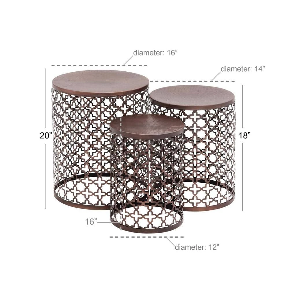 16 in. Bronze Cylinder Metal Handmade End Table with Laser Cut Design 3-Pieces by Litton Lane 8 16 in. Bronze Cylinder Metal Handmade End Table with Laser Cut Design 3-Pieces by Litton Lane - Image 6
