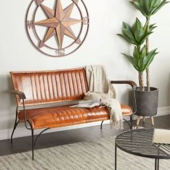 51 in. Brown Leather Vintage Loveseat with Metal Arms by Litton Lane -Outlet Litton Lane Store brown litton lane accent chairs 042292 31 1000