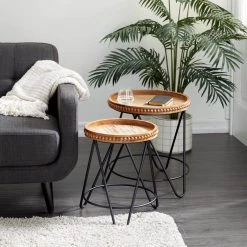 17 in. Black Round Wood Beaded End Table with Brown Tops 2-Pieces by Litton Lane -Outlet Litton Lane Store brown litton lane coffee tables 16403 31 1000