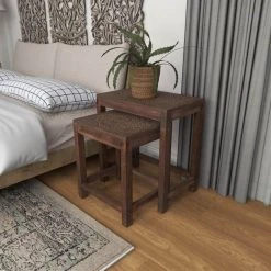 14 in. Brown Rectangle Wood Handmade Intricately Carved Floral End Table with 2-Pieces by Litton Lane -Outlet Litton Lane Store brown litton lane coffee tables 22363 44 1000