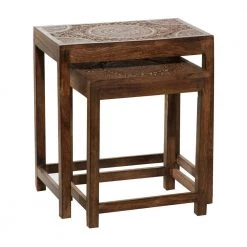 14 in. Brown Rectangle Wood Handmade Intricately Carved Floral End Table with 2-Pieces by Litton Lane