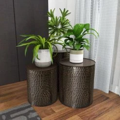 18 in. Brown Cylinder Metal Handmade End Table with Hammered Design 3-Pieces by Litton Lane 17 18 in. Brown Cylinder Metal Handmade End Table with Hammered Design 3-Pieces by Litton Lane -Outlet Litton Lane Store brown litton lane coffee tables 23851 1f 1000