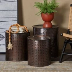 18 in. Brown Cylinder Metal Handmade End Table with Hammered Design 3-Pieces by Litton Lane 21 18 in. Brown Cylinder Metal Handmade End Table with Hammered Design 3-Pieces by Litton Lane -Outlet Litton Lane Store brown litton lane coffee tables 23851 31 1000