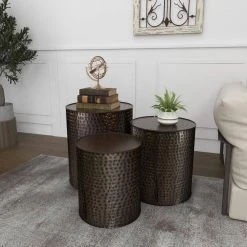 18 in. Brown Cylinder Metal Handmade End Table with Hammered Design 3-Pieces by Litton Lane 16 18 in. Brown Cylinder Metal Handmade End Table with Hammered Design 3-Pieces by Litton Lane -Outlet Litton Lane Store brown litton lane coffee tables 23851 4f 1000