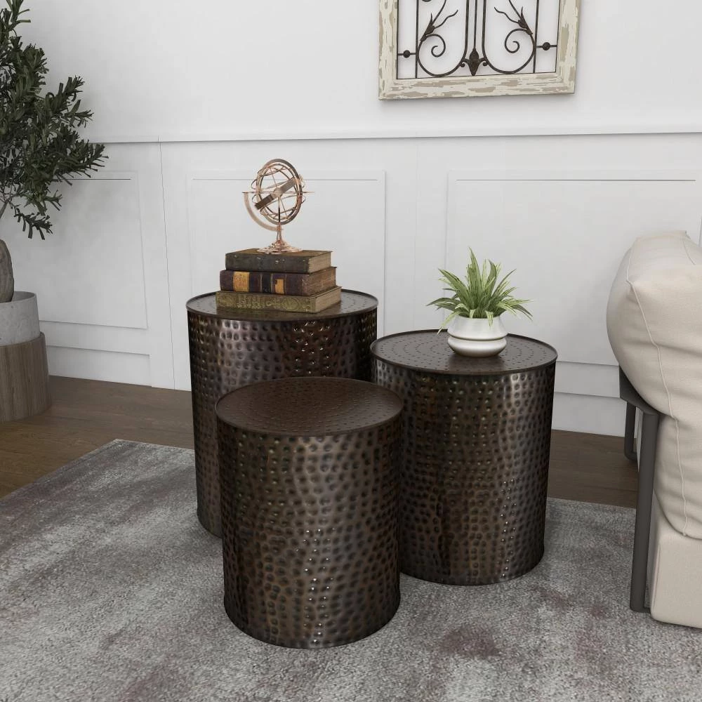 18 in. Brown Cylinder Metal Handmade End Table with Hammered Design 3-Pieces by Litton Lane 7 18 in. Brown Cylinder Metal Handmade End Table with Hammered Design 3-Pieces by Litton Lane - Image 5