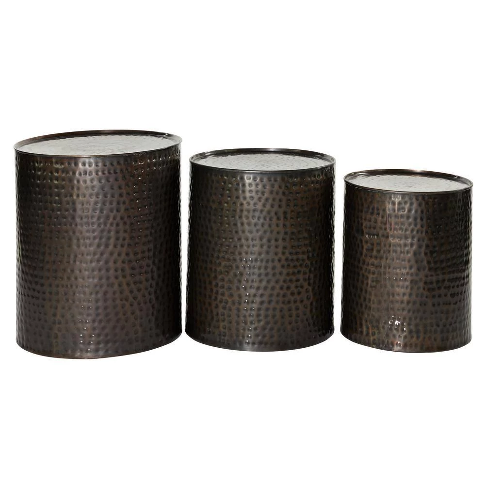 18 in. Brown Cylinder Metal Handmade End Table with Hammered Design 3-Pieces by Litton Lane 4 18 in. Brown Cylinder Metal Handmade End Table with Hammered Design 3-Pieces by Litton Lane - Image 2