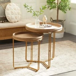 24 in. Brown Round Wood Beaded Nesting End Table with Gold Metal Base 2-Pieces by Litton Lane -Outlet Litton Lane Store brown litton lane coffee tables 92171 31 1000