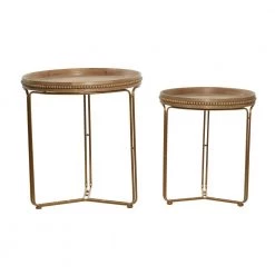 24 in. Brown Round Wood Beaded Nesting End Table with Gold Metal Base 2-Pieces by Litton Lane -Outlet Litton Lane Store brown litton lane coffee tables 92171 66 1000