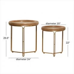 24 in. Brown Round Wood Beaded Nesting End Table with Gold Metal Base 2-Pieces by Litton Lane -Outlet Litton Lane Store brown litton lane coffee tables 92171 76 1000