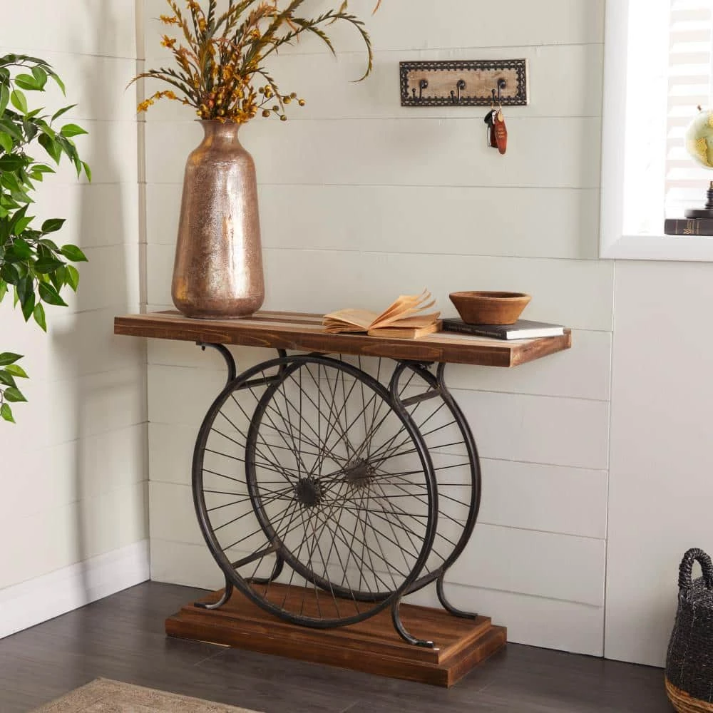 39 in. Brown Rectangle Wood Wide Slatted Top Bike Console Table with Dual Wheel Frame and Tiered Base by Litton Lane 15 39 in. Brown Rectangle Wood Wide Slatted Top Bike Console Table with Dual Wheel Frame and Tiered Base by Litton Lane - Image 13