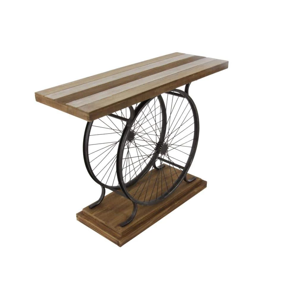 39 in. Brown Rectangle Wood Wide Slatted Top Bike Console Table with Dual Wheel Frame and Tiered Base by Litton Lane 5 39 in. Brown Rectangle Wood Wide Slatted Top Bike Console Table with Dual Wheel Frame and Tiered Base by Litton Lane - Image 3
