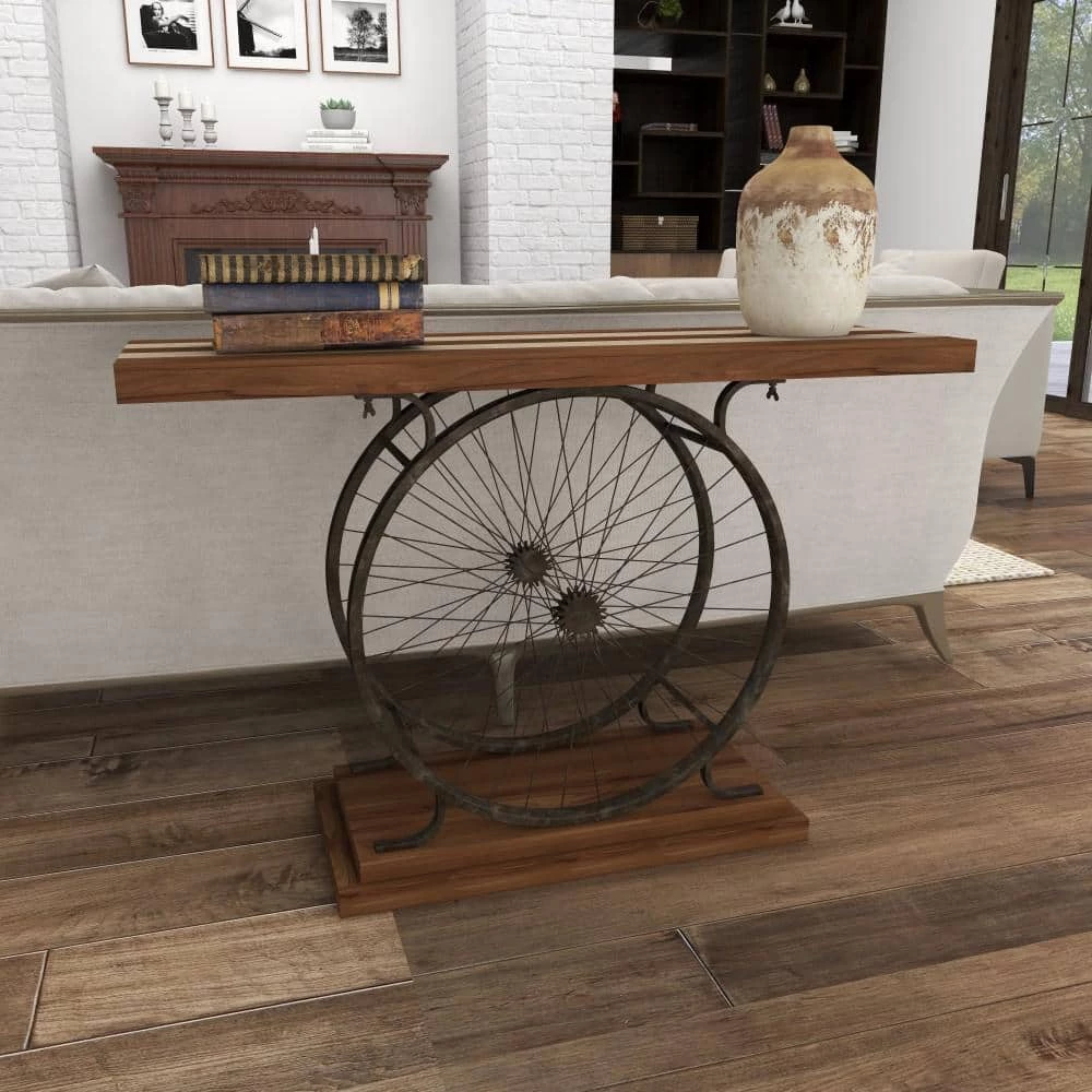 39 in. Brown Rectangle Wood Wide Slatted Top Bike Console Table with Dual Wheel Frame and Tiered Base by Litton Lane 10 39 in. Brown Rectangle Wood Wide Slatted Top Bike Console Table with Dual Wheel Frame and Tiered Base by Litton Lane - Image 8