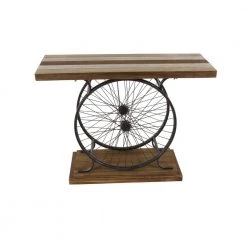 39 in. Brown Rectangle Wood Wide Slatted Top Bike Console Table with Dual Wheel Frame and Tiered Base by Litton Lane
