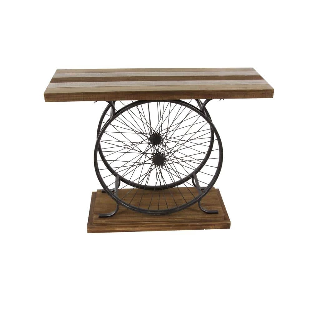 39 in. Brown Rectangle Wood Wide Slatted Top Bike Console Table with Dual Wheel Frame and Tiered Base by Litton Lane 3 39 in. Brown Rectangle Wood Wide Slatted Top Bike Console Table with Dual Wheel Frame and Tiered Base by Litton Lane