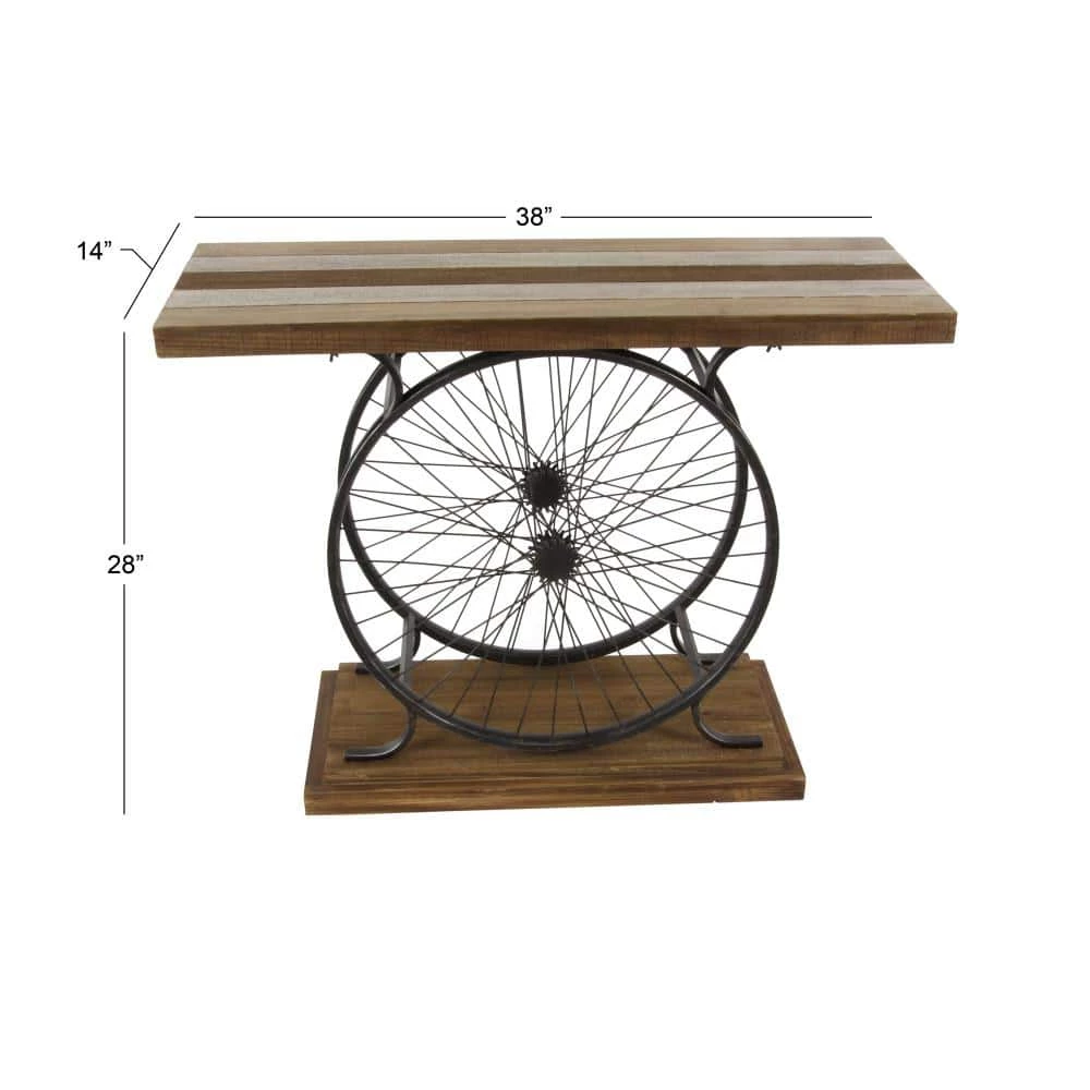 39 in. Brown Rectangle Wood Wide Slatted Top Bike Console Table with Dual Wheel Frame and Tiered Base by Litton Lane 14 39 in. Brown Rectangle Wood Wide Slatted Top Bike Console Table with Dual Wheel Frame and Tiered Base by Litton Lane - Image 12