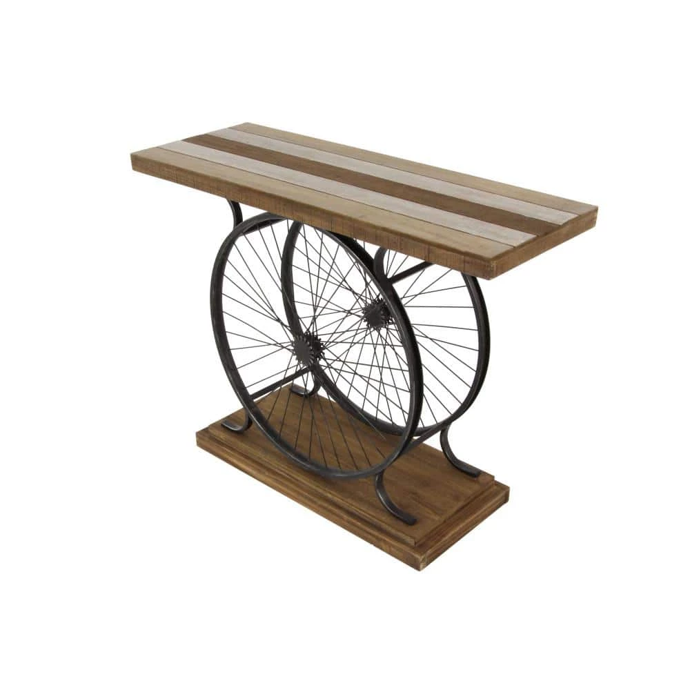 39 in. Brown Rectangle Wood Wide Slatted Top Bike Console Table with Dual Wheel Frame and Tiered Base by Litton Lane 8 39 in. Brown Rectangle Wood Wide Slatted Top Bike Console Table with Dual Wheel Frame and Tiered Base by Litton Lane - Image 6