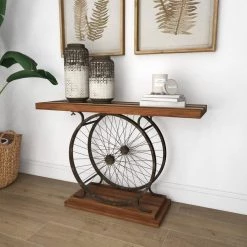 39 in. Brown Rectangle Wood Wide Slatted Top Bike Console Table with Dual Wheel Frame and Tiered Base by Litton Lane 21 39 in. Brown Rectangle Wood Wide Slatted Top Bike Console Table with Dual Wheel Frame and Tiered Base by Litton Lane -Outlet Litton Lane Store brown litton lane console tables 59444 c3 1000