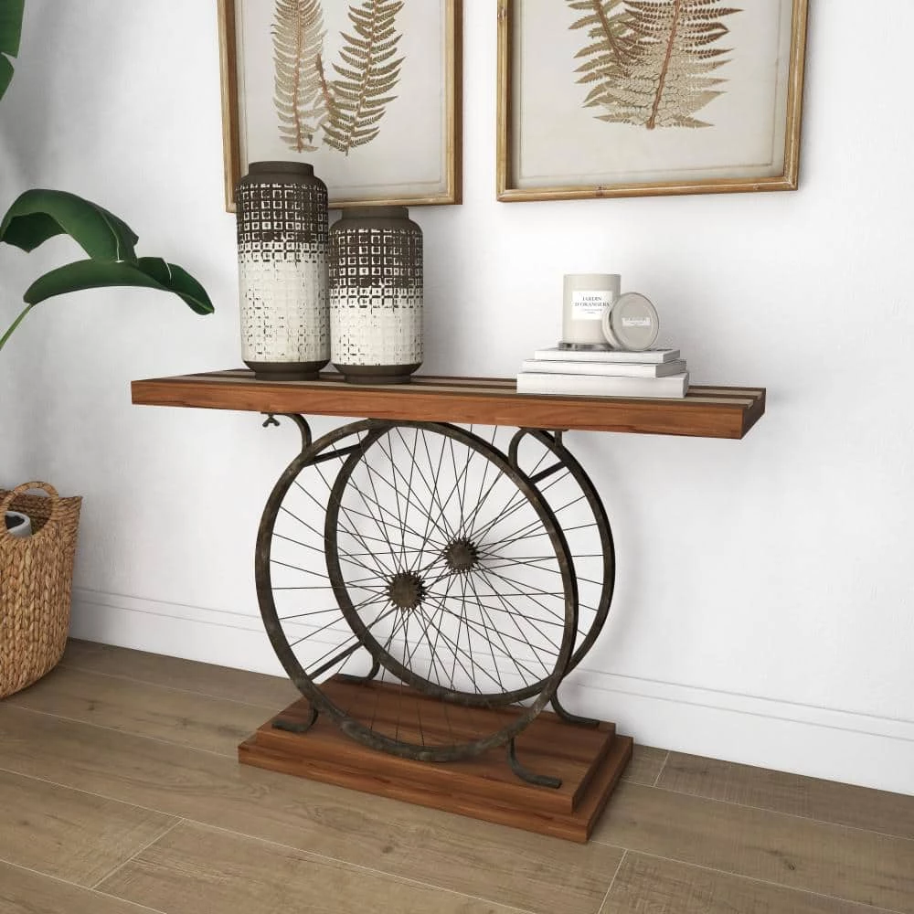39 in. Brown Rectangle Wood Wide Slatted Top Bike Console Table with Dual Wheel Frame and Tiered Base by Litton Lane 9 39 in. Brown Rectangle Wood Wide Slatted Top Bike Console Table with Dual Wheel Frame and Tiered Base by Litton Lane - Image 7