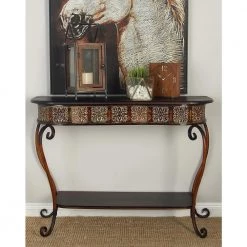 43 in. Brown Rectangle Metal Embossed Floral 1 Shelf Console Table with Ornate Scroll Legs by Litton Lane -Outlet Litton Lane Store brown litton lane console tables 74362 31 1000