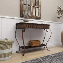 43 in. Brown Rectangle Metal Embossed Floral 1 Shelf Console Table with Ornate Scroll Legs by Litton Lane -Outlet Litton Lane Store brown litton lane console tables 74362 4f 1000
