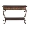 43 in. Brown Rectangle Metal Embossed Floral 1 Shelf Console Table with Ornate Scroll Legs by Litton Lane 2 43 in. Brown Rectangle Metal Embossed Floral 1 Shelf Console Table with Ornate Scroll Legs by Litton Lane -Outlet Litton Lane Store brown litton lane console tables 74362 64 1000