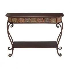 43 in. Brown Rectangle Metal Embossed Floral 1 Shelf Console Table with Ornate Scroll Legs by Litton Lane