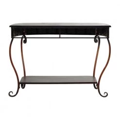 43 in. Brown Rectangle Metal Embossed Floral 1 Shelf Console Table with Ornate Scroll Legs by Litton Lane -Outlet Litton Lane Store brown litton lane console tables 74362 66 1000
