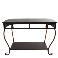43 in. Brown Rectangle Metal Embossed Floral 1 Shelf Console Table with Ornate Scroll Legs by Litton Lane -Outlet Litton Lane Store brown litton lane console tables 74362 77 1000