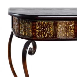 43 in. Brown Rectangle Metal Embossed Floral 1 Shelf Console Table with Ornate Scroll Legs by Litton Lane -Outlet Litton Lane Store brown litton lane console tables 74362 a0 1000