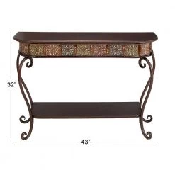 43 in. Brown Rectangle Metal Embossed Floral 1 Shelf Console Table with Ornate Scroll Legs by Litton Lane -Outlet Litton Lane Store brown litton lane console tables 74362 c3 1000