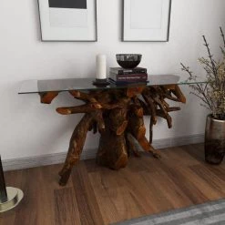 54 in. Brown Rectangle Teak Wood Handmade Live Edge Tree Stump Console Table with Clear Glass Top by Litton Lane -Outlet Litton Lane Store brown litton lane console tables 75570 1d 1000