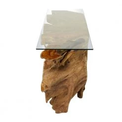 54 in. Brown Rectangle Teak Wood Handmade Live Edge Tree Stump Console Table with Clear Glass Top by Litton Lane -Outlet Litton Lane Store brown litton lane console tables 75570 4f 1000