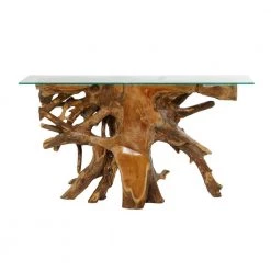 54 in. Brown Rectangle Teak Wood Handmade Live Edge Tree Stump Console Table with Clear Glass Top by Litton Lane -Outlet Litton Lane Store brown litton lane console tables 75570 66 1000