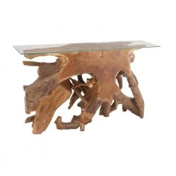 54 in. Brown Rectangle Teak Wood Handmade Live Edge Tree Stump Console Table with Clear Glass Top by Litton Lane -Outlet Litton Lane Store brown litton lane console tables 75570 77 1000