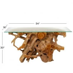 54 in. Brown Rectangle Teak Wood Handmade Live Edge Tree Stump Console Table with Clear Glass Top by Litton Lane -Outlet Litton Lane Store brown litton lane console tables 75570 c3 1000