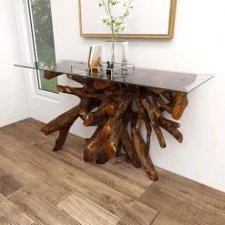54 in. Brown Rectangle Teak Wood Handmade Live Edge Tree Stump Console Table with Clear Glass Top by Litton Lane -Outlet Litton Lane Store brown litton lane console tables 75570 d4 1000